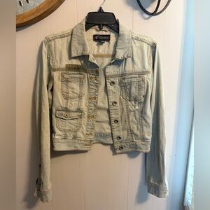Volcom Light Blue Jean Jacket hits at waist distressed